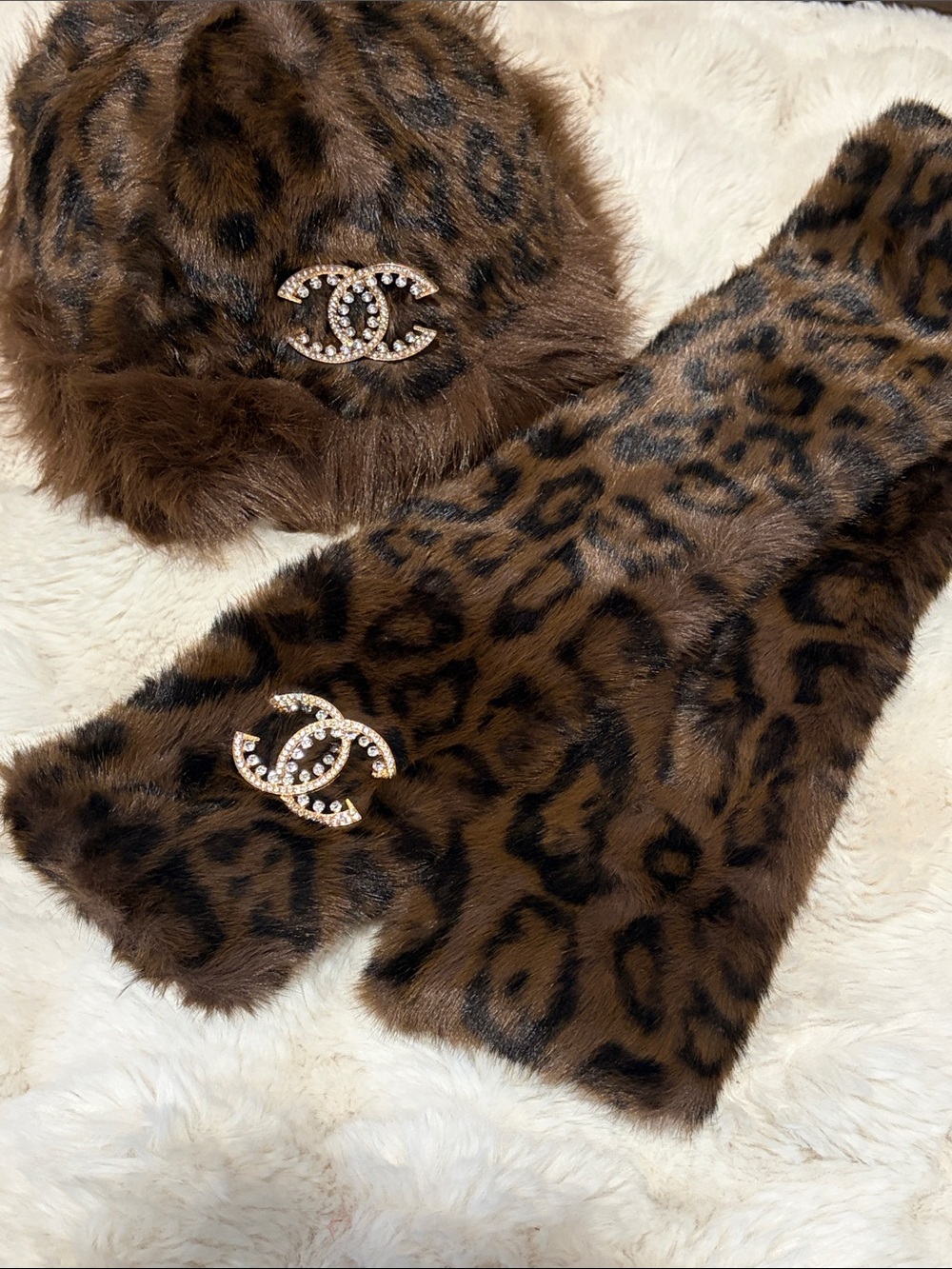 Leopard Print Faux Fur Hat & Scarf Set with Crystal Logo Accent - Brown